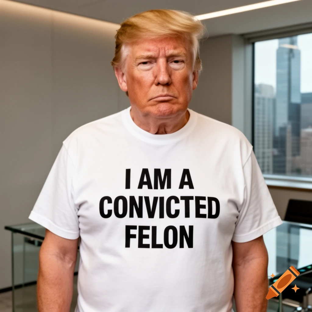 Photorealistic portrait of Donald Trump looking serious, wearing a white T-shirt that says "I AM A CONVICTED FELON".