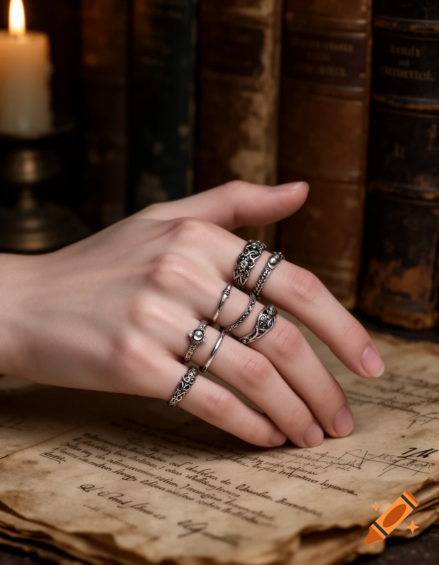 Close-up of a hand wearing multiple ornate silver rings on old paper next to a burning candle and antique books, in a Dark Academia style.