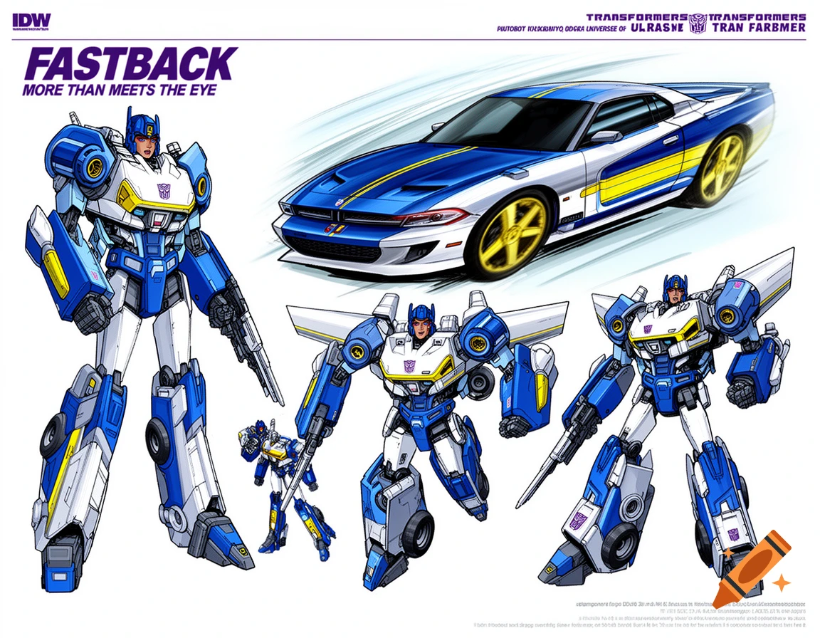 A design sheet for the female Autobot Fastback, showing her in a blue, white, and yellow robot form, a smaller robot form, and transforming into a blue and white Dodge Charger car.