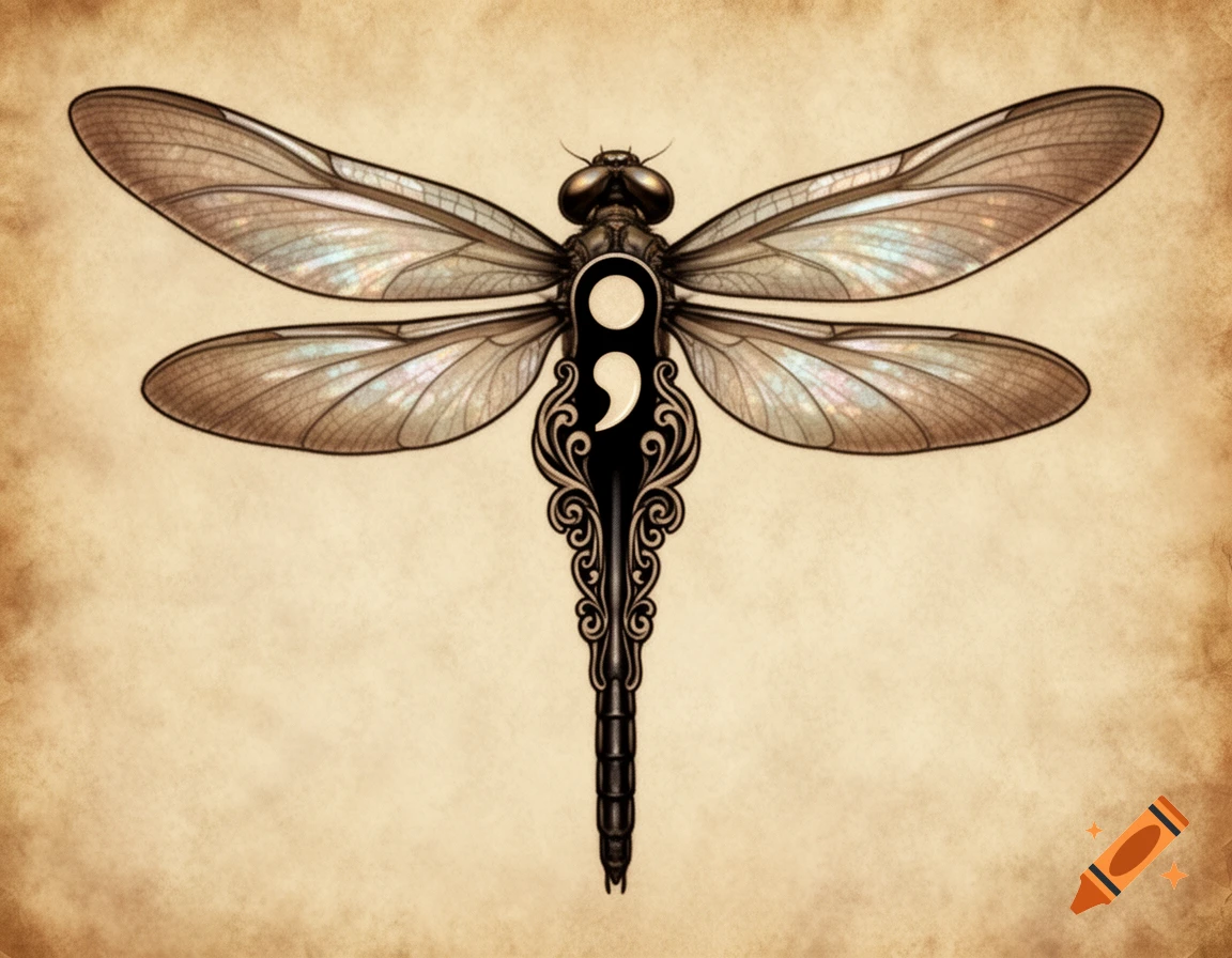 Detailed illustration of an ornate dragonfly with iridescent fairy wings and a semicolon integrated into its body, on a sepia background.