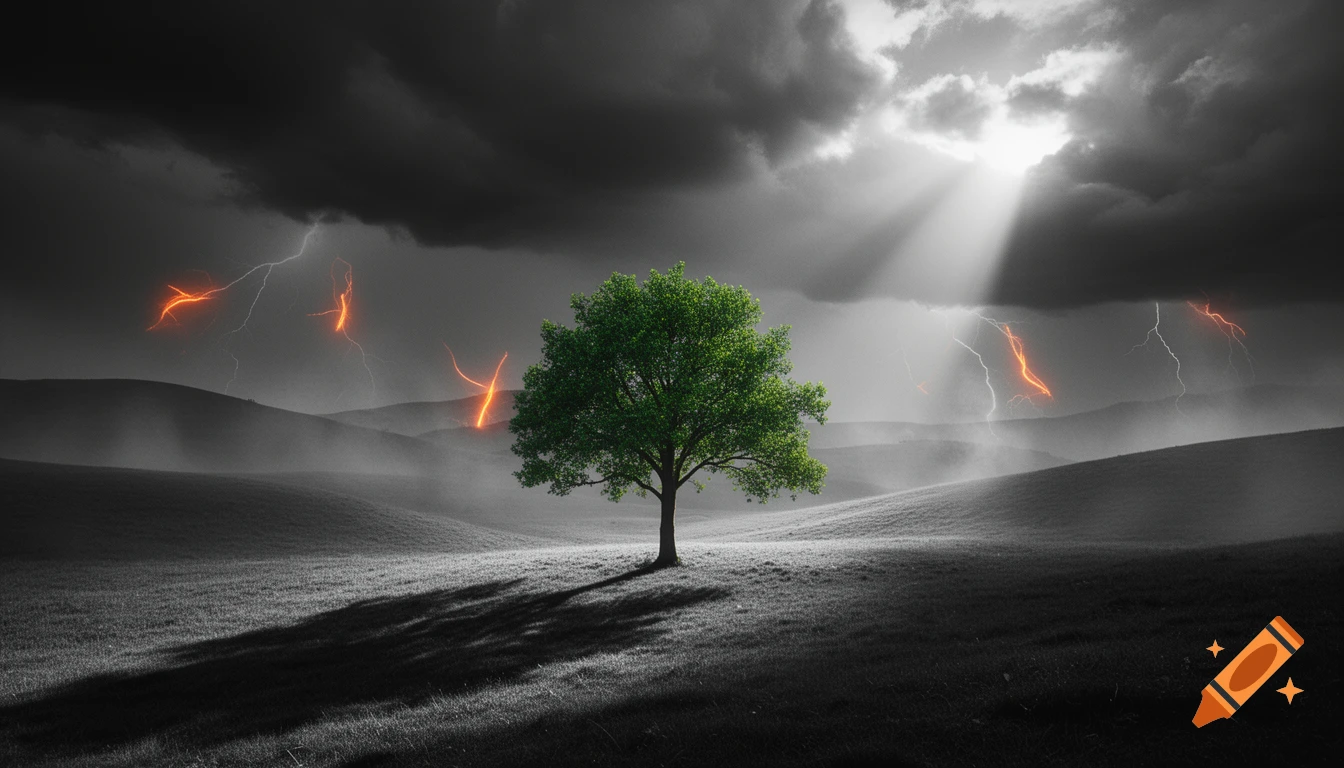 Hyper-realistic image of a vibrant green tree on rolling black-and-white hills under a dramatic stormy sky with sun rays and orange lightning.