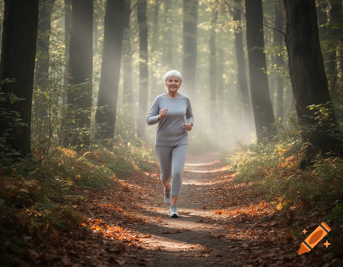 A senior woman jogs along a sunlit forest path, surrounded by trees and fallen leaves.