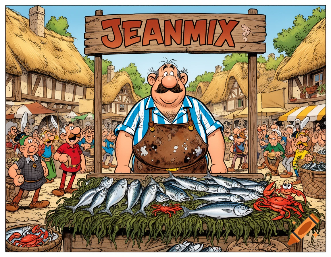 A cartoon fishmonger with a mustache stands at a market stall filled with fish and crabs in a bustling Gaulish village, in an Asterix comic style.