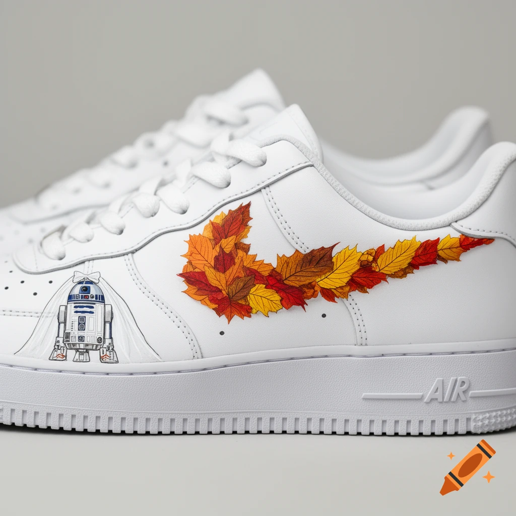 Close-up of white Nike Air Force 1 sneakers with a custom autumn leaf Nike swoosh and a hand-painted R2-D2 wearing a wedding veil.