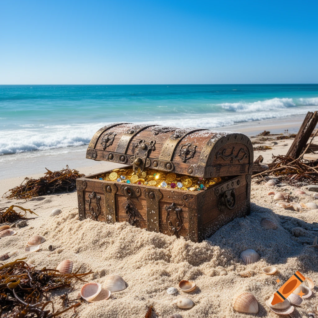 A partially open wooden treasure chest filled with gold coins and jewels, half-buried in sand on a sunny beach with ocean waves in the background.