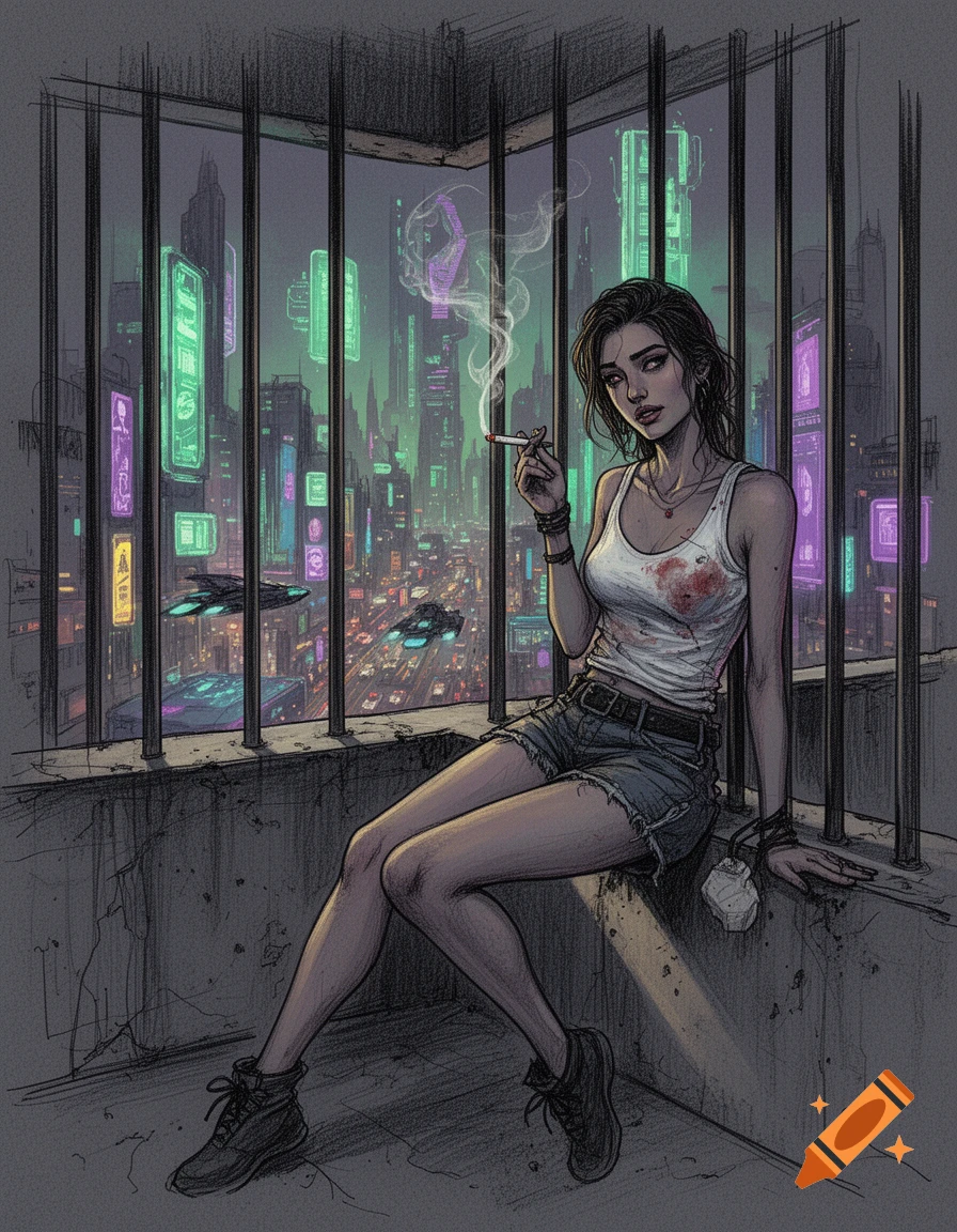 A rough sketch illustration of a woman smoking on a balcony overlooking a cyberpunk city at night.