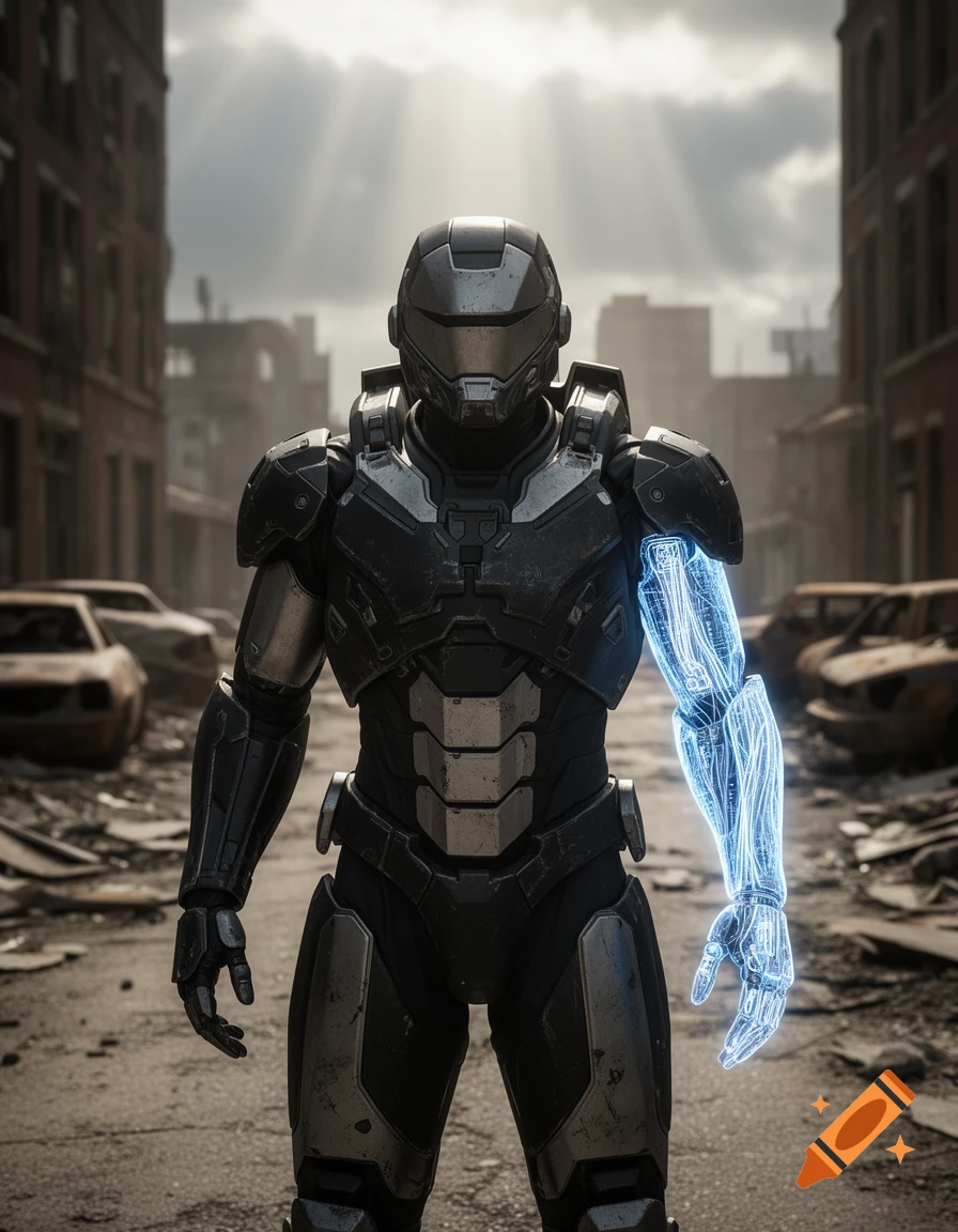 A futuristic soldier in dark armor with a glowing blue, transparent arm stands in a derelict city street under a cloudy sky.