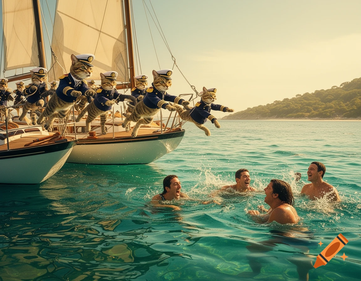 Anthropomorphic cats in naval uniforms jump from a sailboat into the sea where laughing people are swimming.