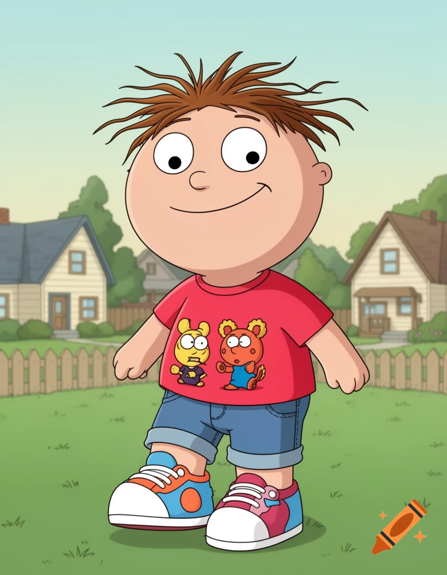A cartoon child in Family Guy style, wearing a red shirt with two characters, blue shorts, and colorful sneakers, stands in a grassy yard.
