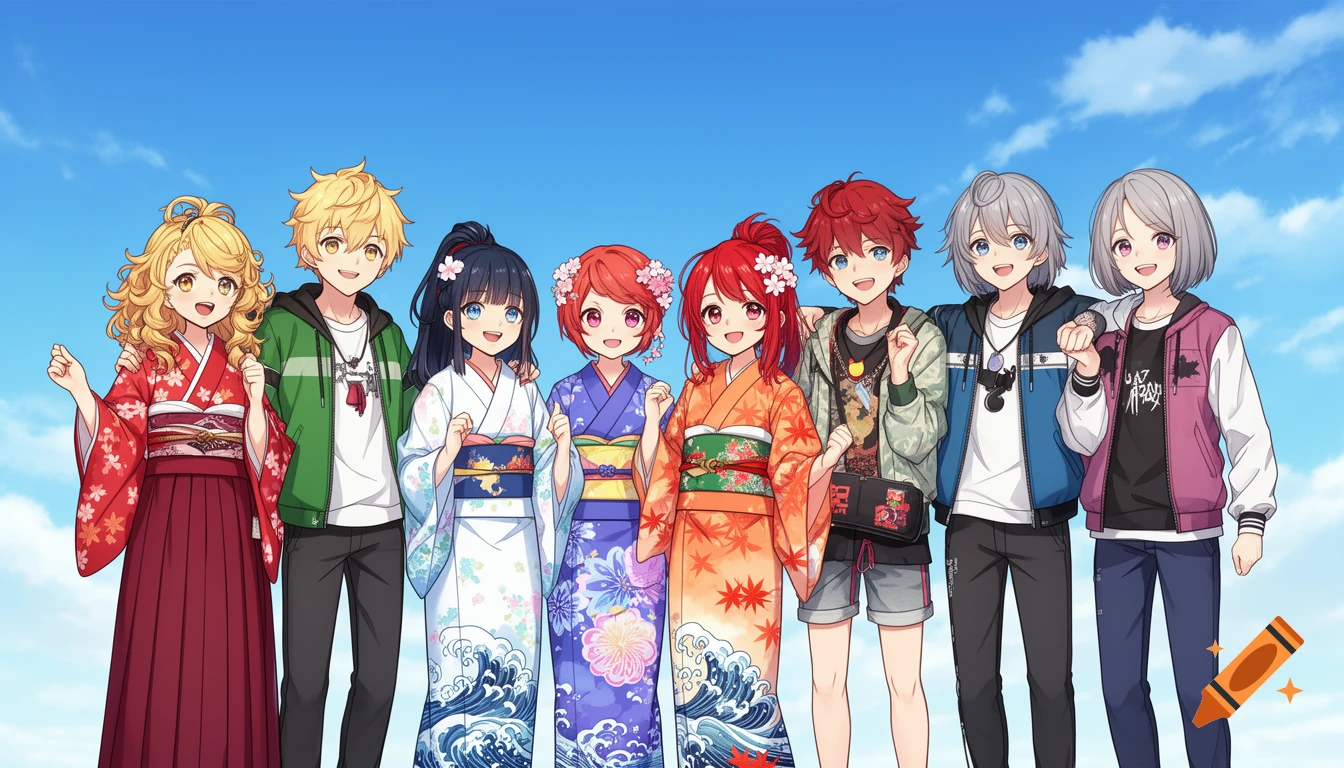 An anime-style illustration of eight cheerful characters, four boys and four girls, standing in a row against a clear blue sky. They wear colorful casual modern clothes and kimonos.