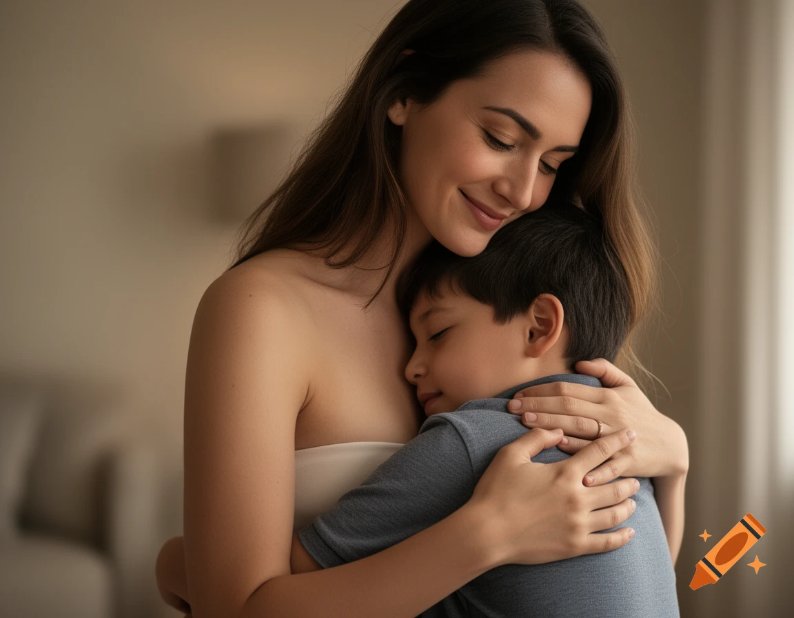A smiling woman with bare shoulders embraces a young boy who rests his head on her chest, both with eyes closed.