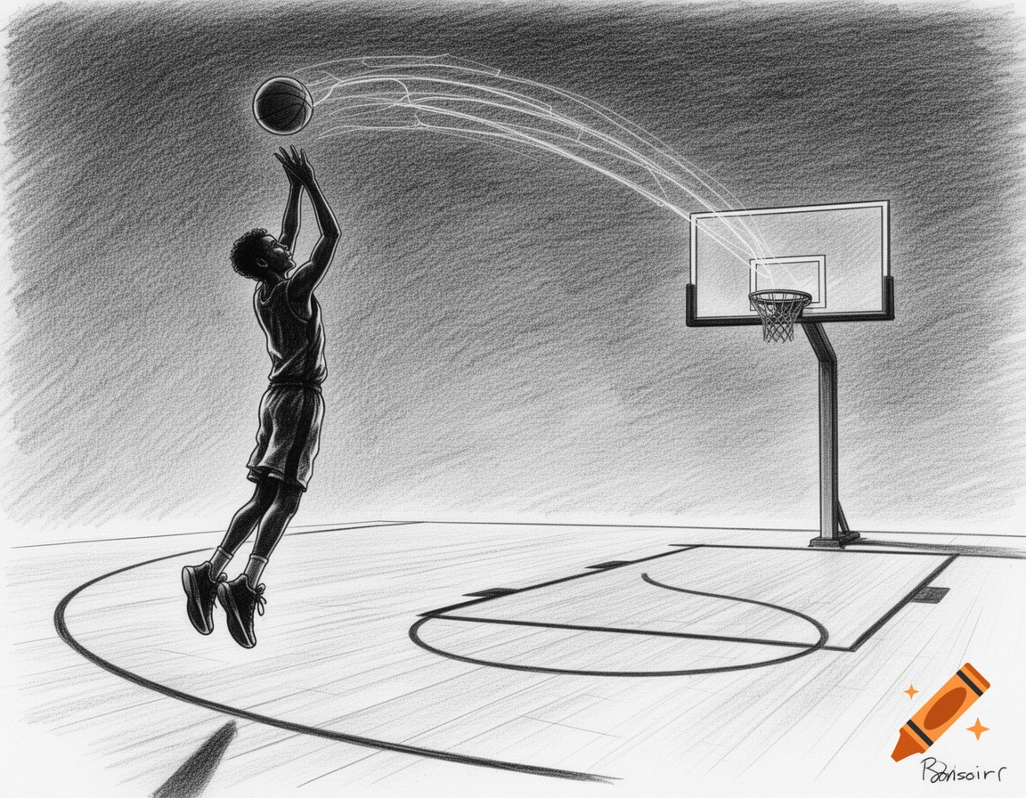 Black and white pencil sketch of a young basketball player mid-shot on a court, with glowing ball trajectory.
