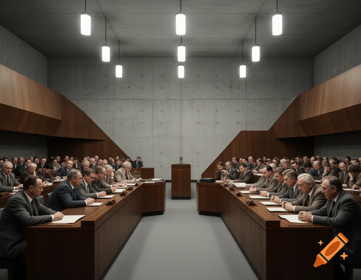 A large, modern brutalist conference hall with many men in suits seated at long tables, facing a central podium.