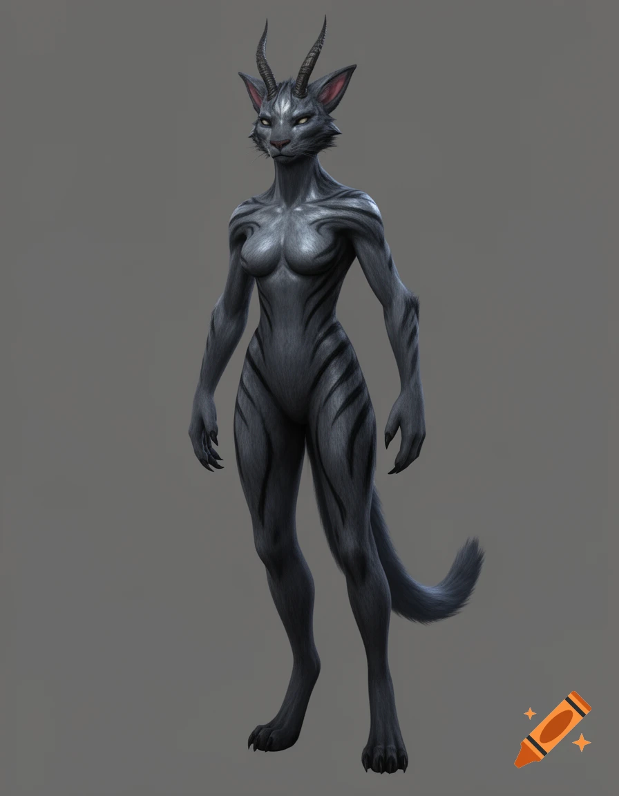 A full-body render of a grey, striped, feline-like fantasy creature with horns, a lean build, and glowing eyes, standing on a grey background.