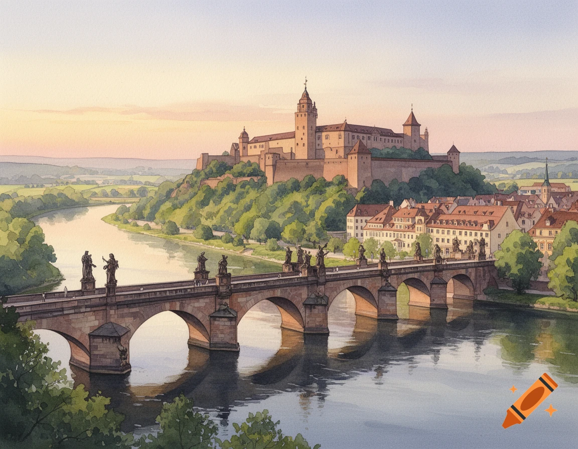 A watercolor painting depicting the Marienberg Fortress on a green hill, overlooking a town and the Old Main Bridge with statues crossing a river.