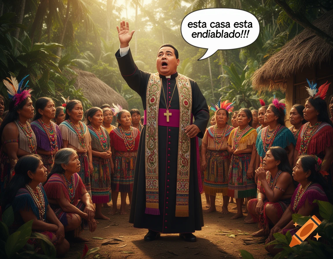 Photorealistic image of a priest speaking to indigenous people in a jungle village, with a speech bubble saying 'esta casa esta endiablado!!!'
