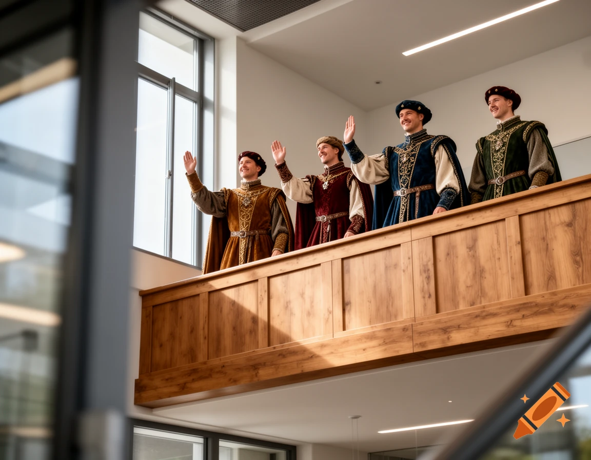 Four men in detailed medieval clothing wave from a wooden balcony inside a modern, well-lit building.