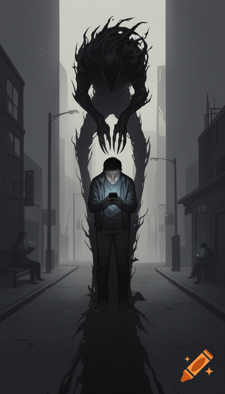 A man stands hunched over his glowing phone in a dark city street, with his shadow rising behind him as a towering, jagged-edged monster.