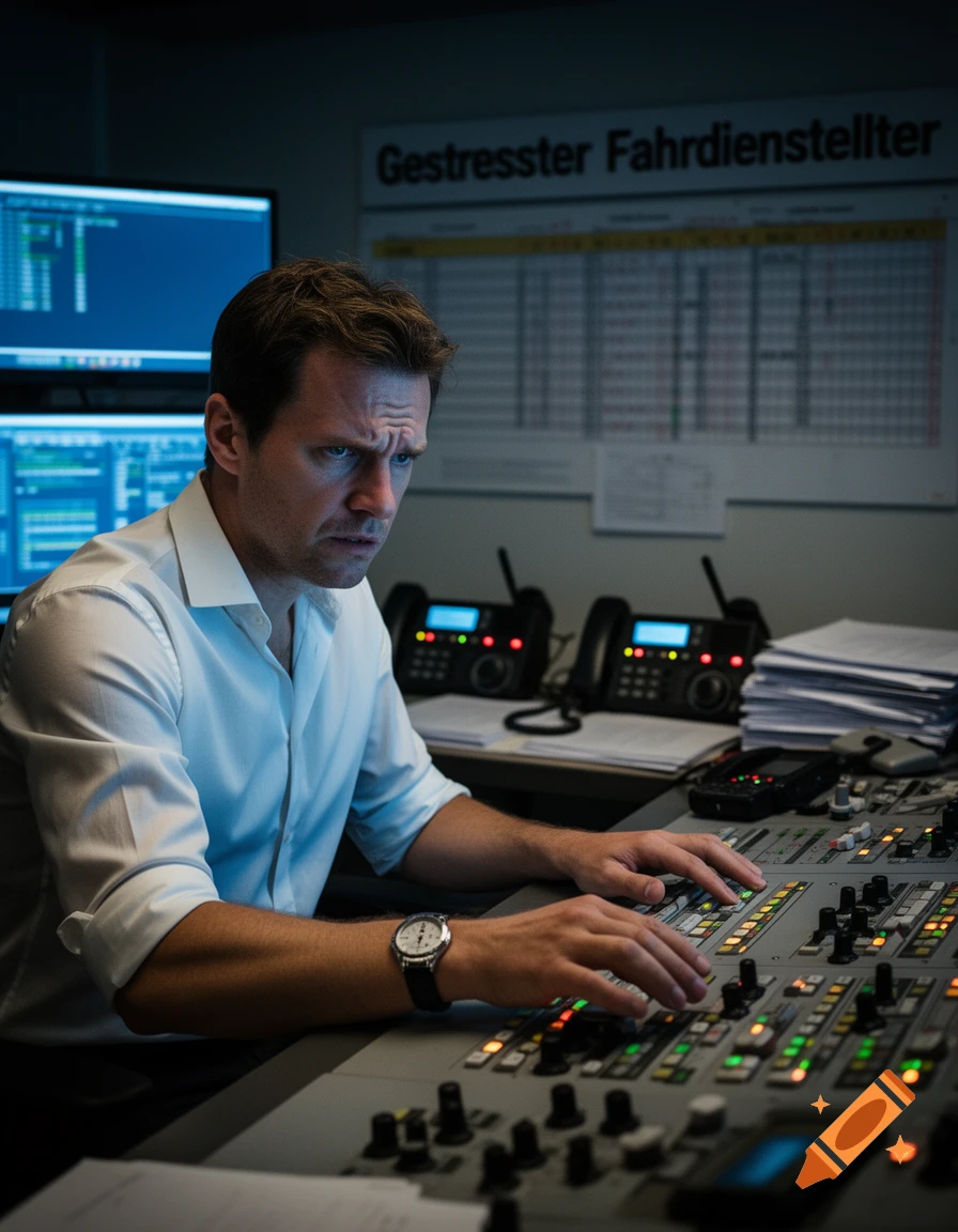 A man with a stressed expression sits at a control panel with many buttons and screens in a dimly lit room.