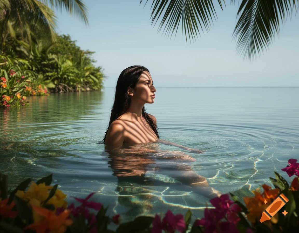 Photorealistic image of a woman in clear tropical water, with palm leaves overhead and vibrant flowers in the foreground.