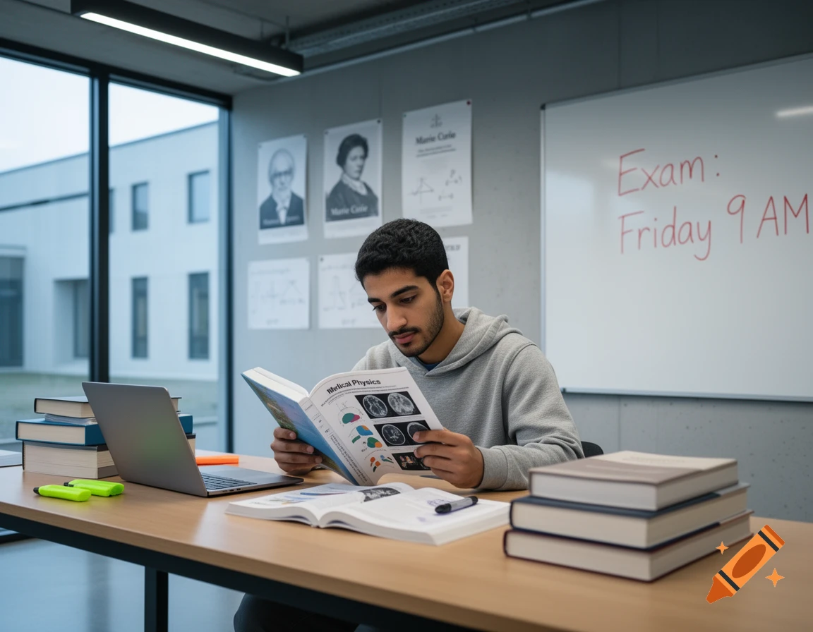 A young man studies a "Medical Physics" textbook at a desk with a laptop and other books in a modern classroom.