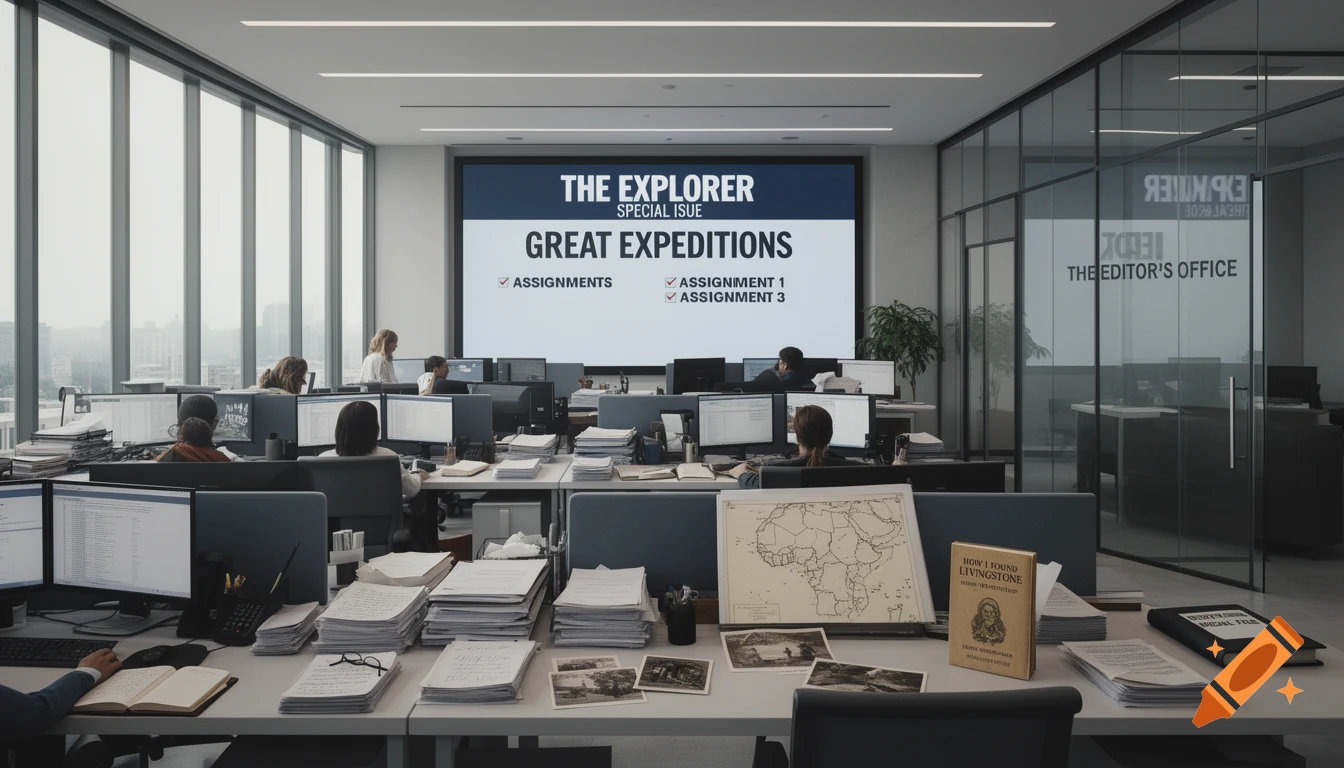 A photorealistic open-plan newsroom for "THE EXPLORER" magazine, with employees at desks, computers, and a large screen displaying "GREAT EXPEDITIONS" and assignments.
