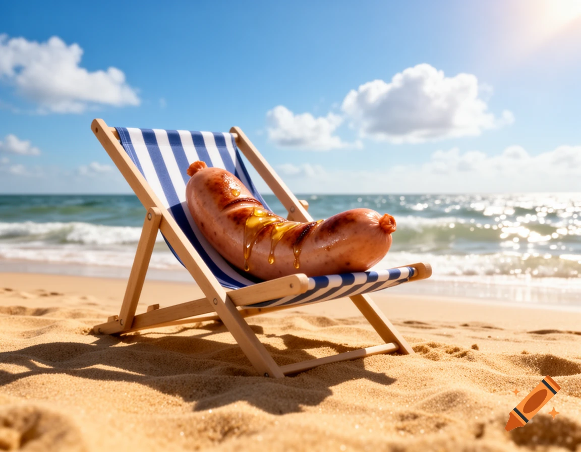 A grilled sausage with sauce dripping from it relaxes on a striped beach chair on a sunny beach, with the ocean in the background.