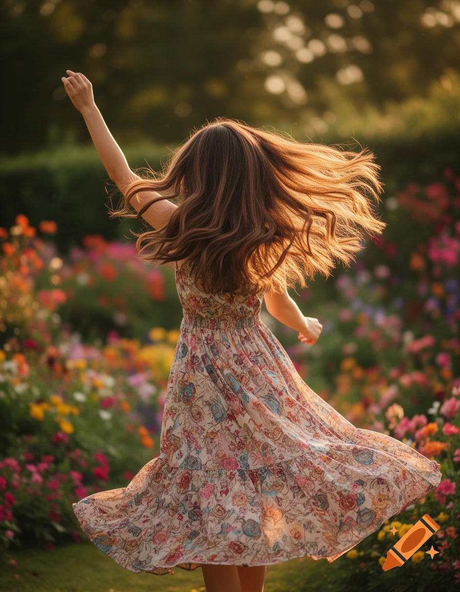 A woman with long brown hair dances in a vibrant flower garden, seen from behind with her arms raised, bathed in golden light.