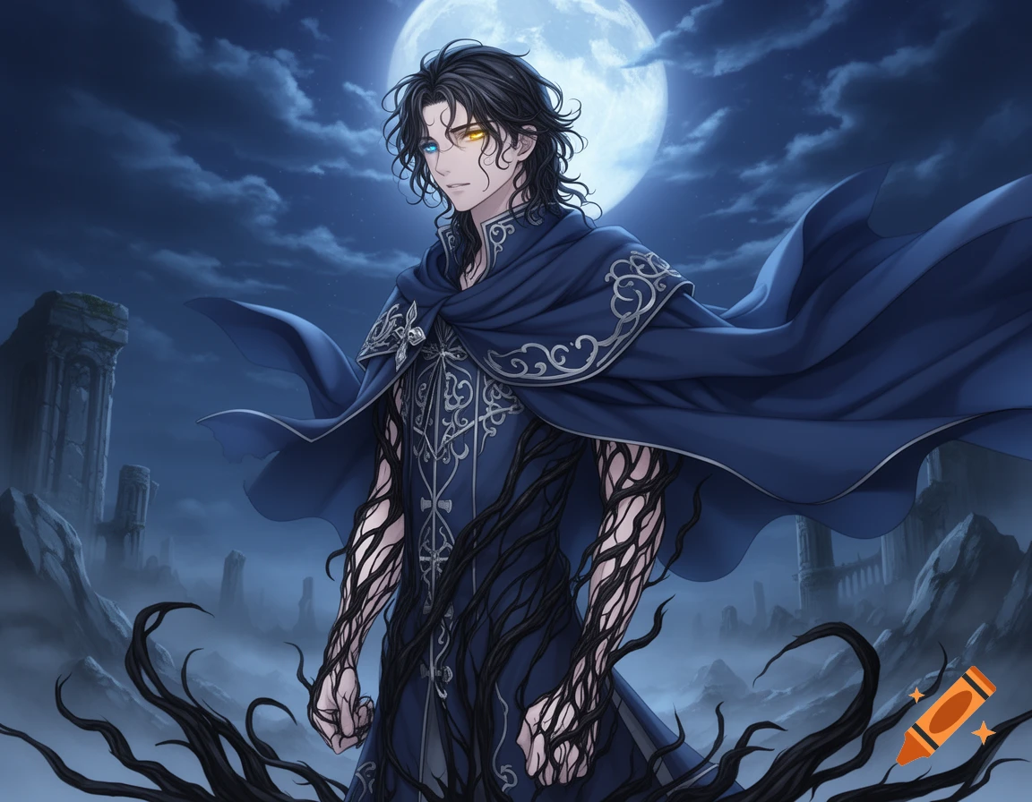 A dark-haired man in a blue cloak with vine-like markings stands under a full moon in a ruined landscape, anime style.