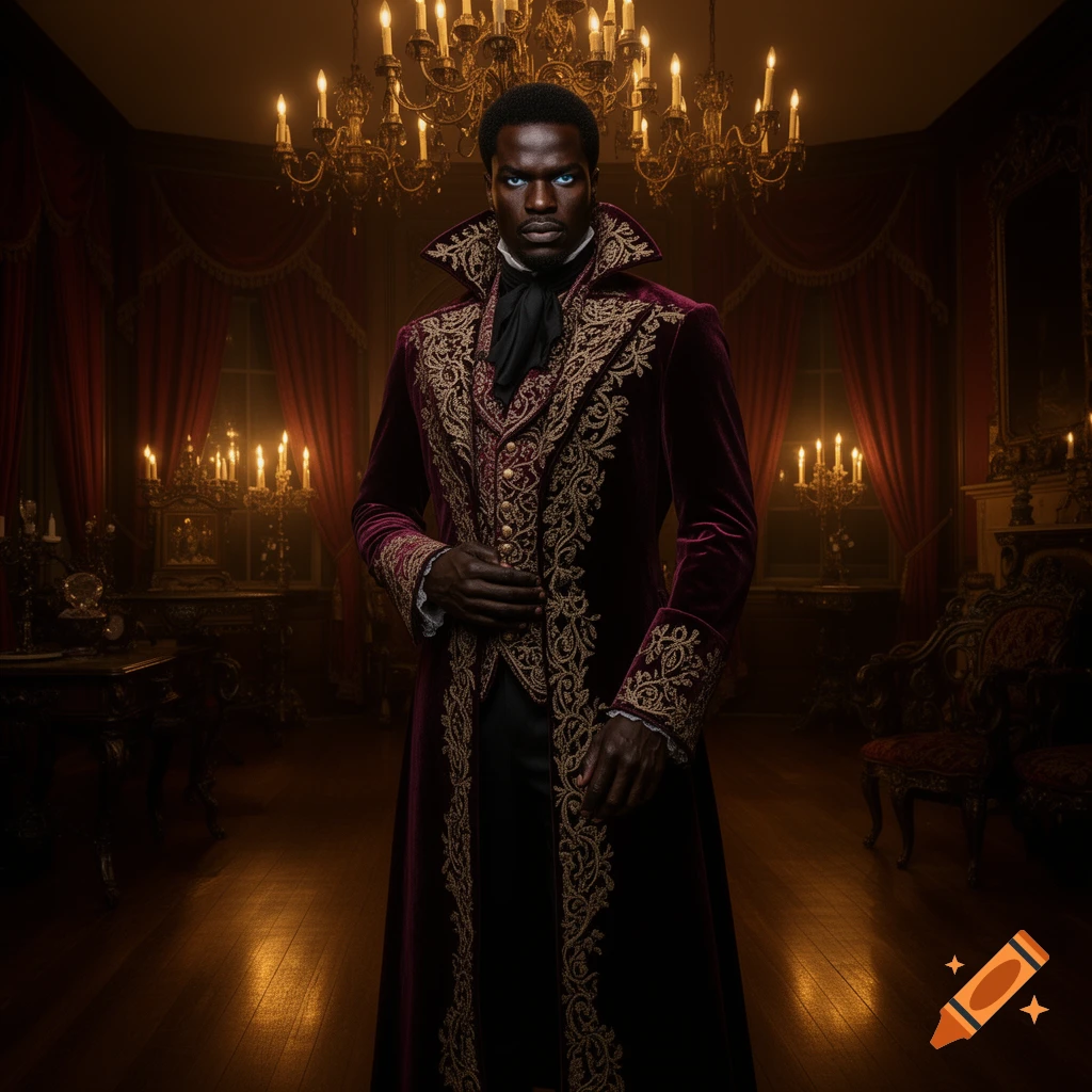 A man with glowing blue eyes in an ornate purple Victorian coat stands in a dimly lit, richly decorated room with chandeliers.