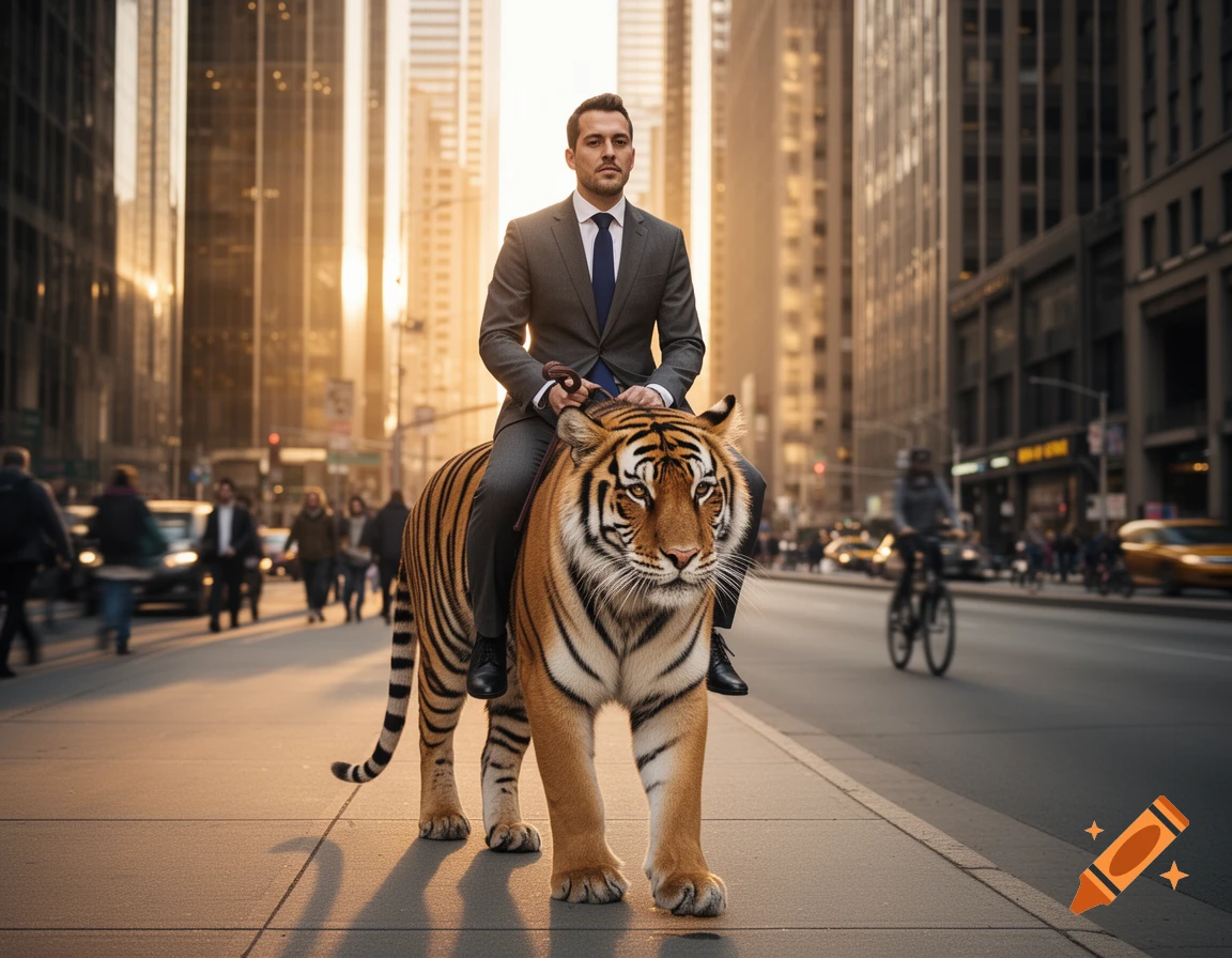 A photorealistic image of a businessman in a suit riding a large tiger down a sunny urban city street.