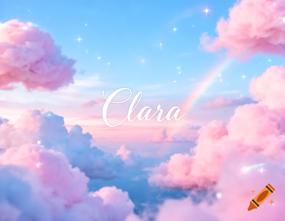 Pink and blue fluffy clouds with sparkling stars and a rainbow in the sky. The name "Clara" is written in elegant white script in the center.