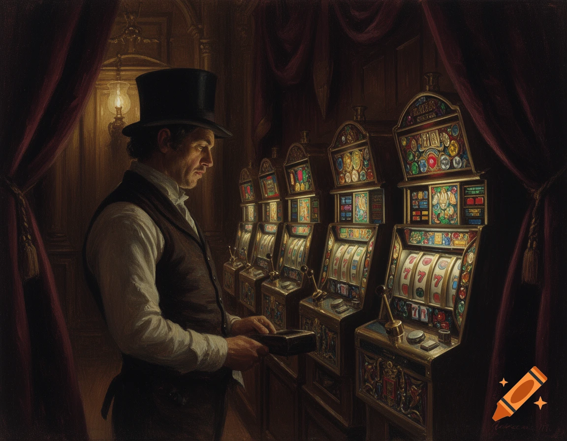 A man in a top hat plays ornate slot machines in a dark 1800s realism painting.