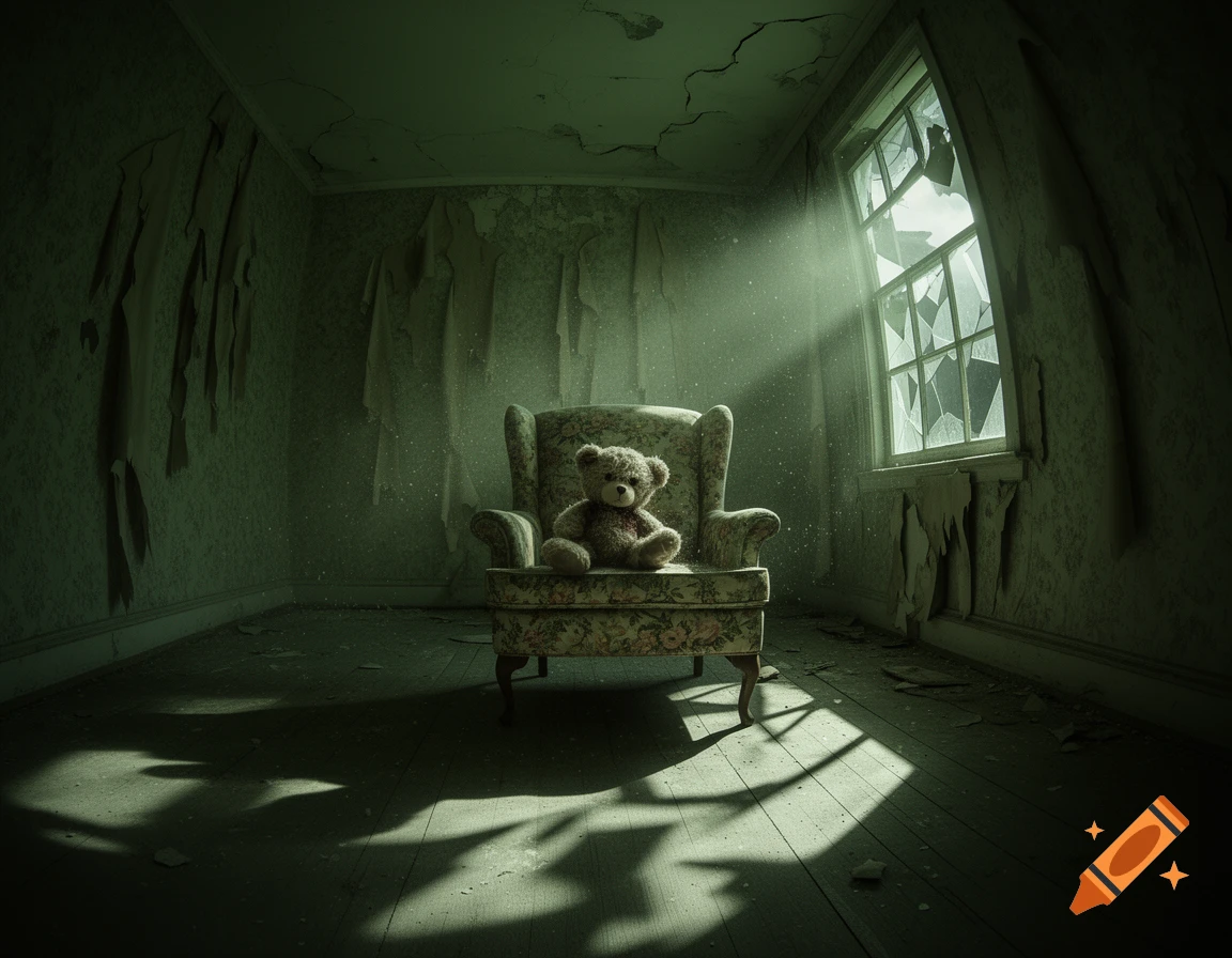 Eerie photo of a teddy bear on an armchair in a dark, abandoned room with peeling walls, broken windows, and a dusty ray of sunlight.