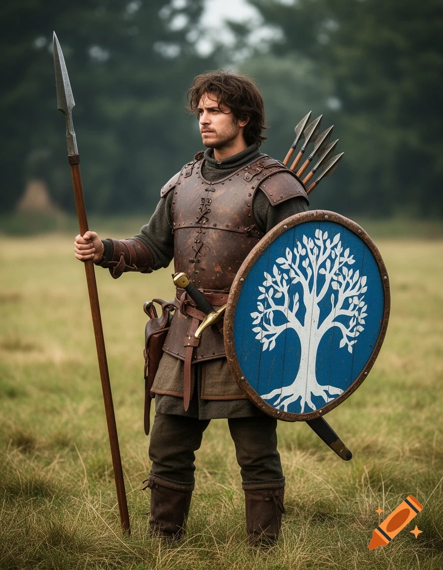 A male medieval soldier in leather armor, holding a spear and a blue shield with a white tree symbol, standing in a grassy field.
