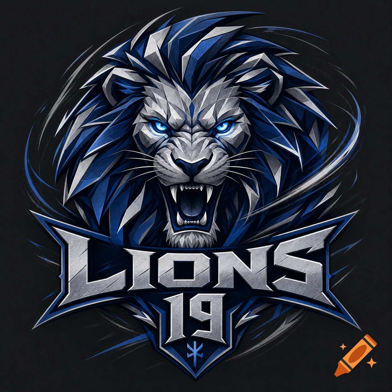 A stylized roaring lion head logo in blue and silver with 'LIONS 19' text below it.