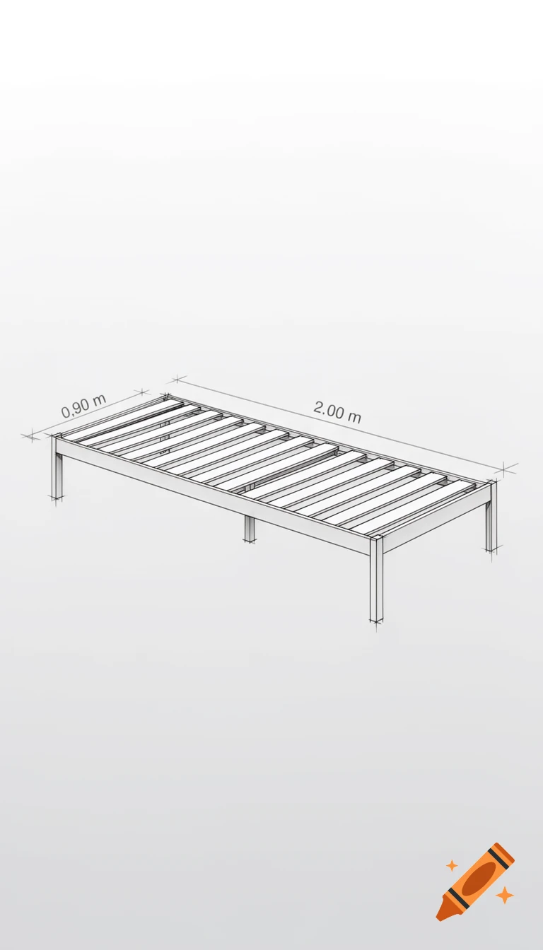 A technical sketch of a bed slatted base with dimensions 0.90m by 2.00m.