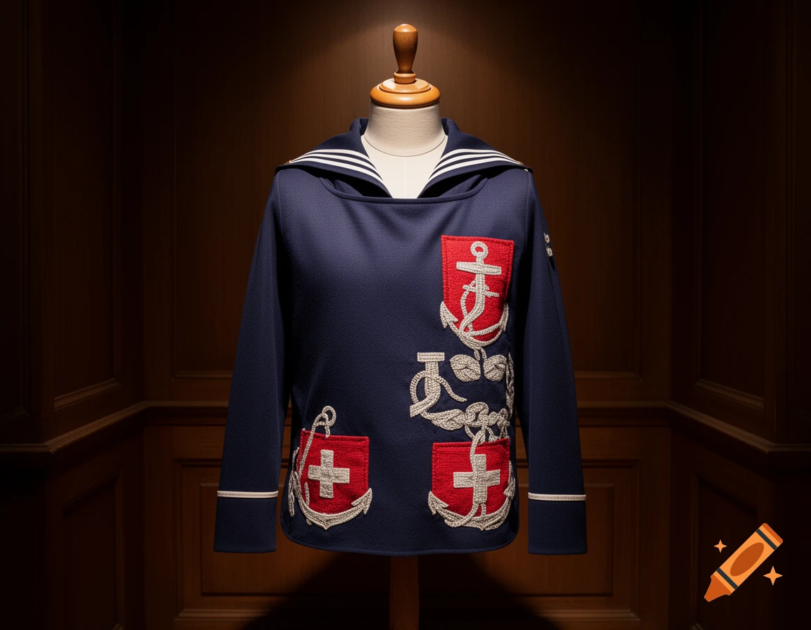 Dark blue sailor-style tabard on a mannequin, featuring red Swiss cross patches, silver anchors, and rope embroidery.