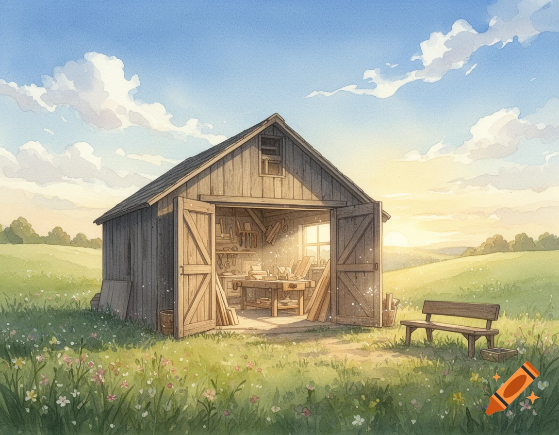 Watercolor of a rustic wooden shed with an open workshop, in a field of wildflowers under a bright sky with a distant sunset.