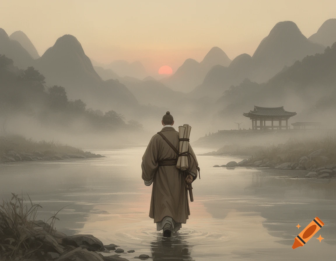 A lone Buddhist monk carrying scrolls walks through a misty river towards mountains and a distant temple at dawn, in a painterly style.