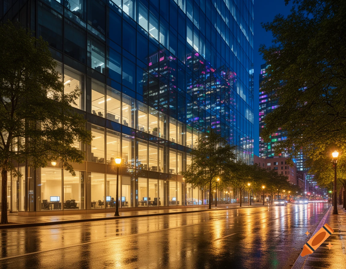 A wet city street at night, lined with trees and streetlights, reflecting the illuminated glass facades of modern office buildings.