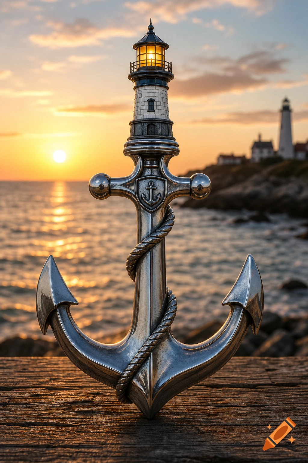 Close-up of a detailed metal anchor with a miniature lighthouse on top, set on a wooden pier with a sunset ocean and distant lighthouse.