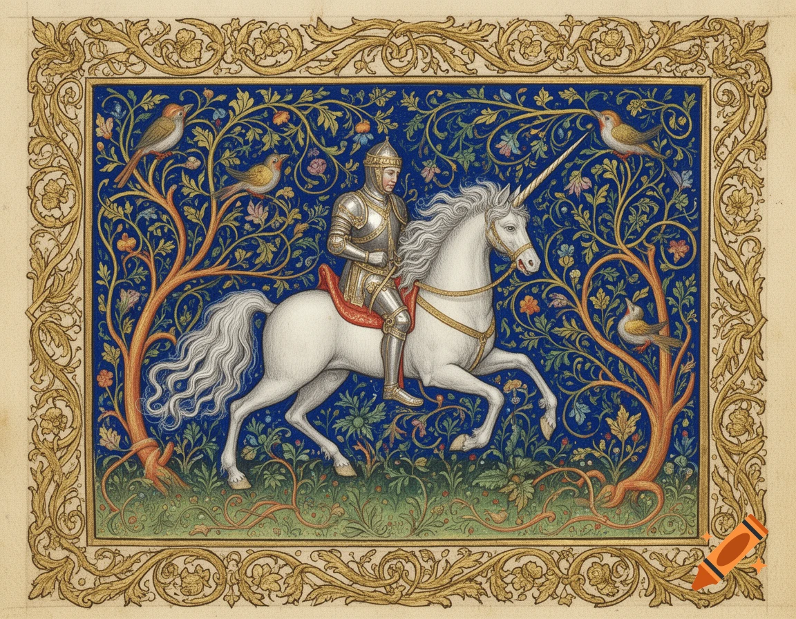Medieval illuminated manuscript of a knight riding a white unicorn in a floral garden with birds, within a golden border.