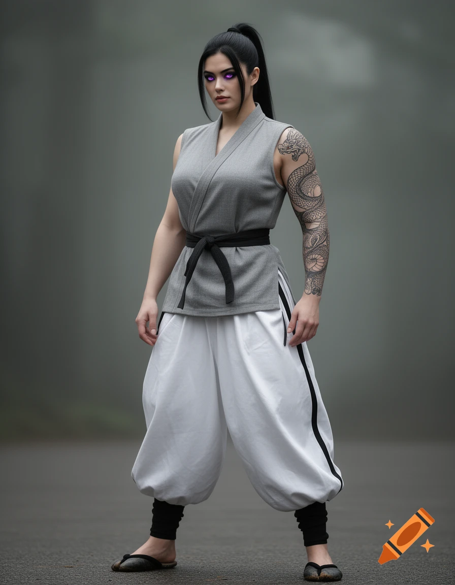 A strong woman with black hair, purple eyes, and a dragon arm tattoo, wearing a grey martial arts uniform, baggy white pants, and sandals, stands against a foggy background.