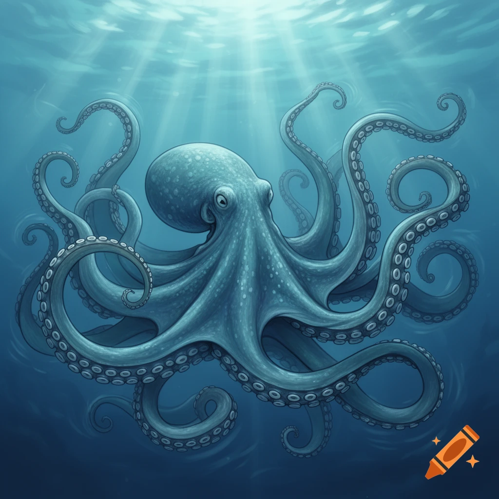 An illustrated blue octopus with curly tentacles swims in clear blue ocean water, with sunlight rays filtering from above.