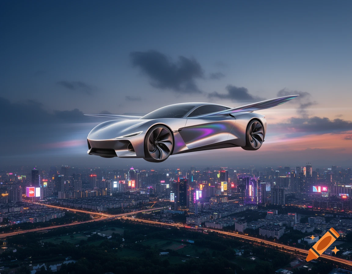 A sleek, silver futuristic flying car with iridescent accents hovers above a glowing city at dusk.