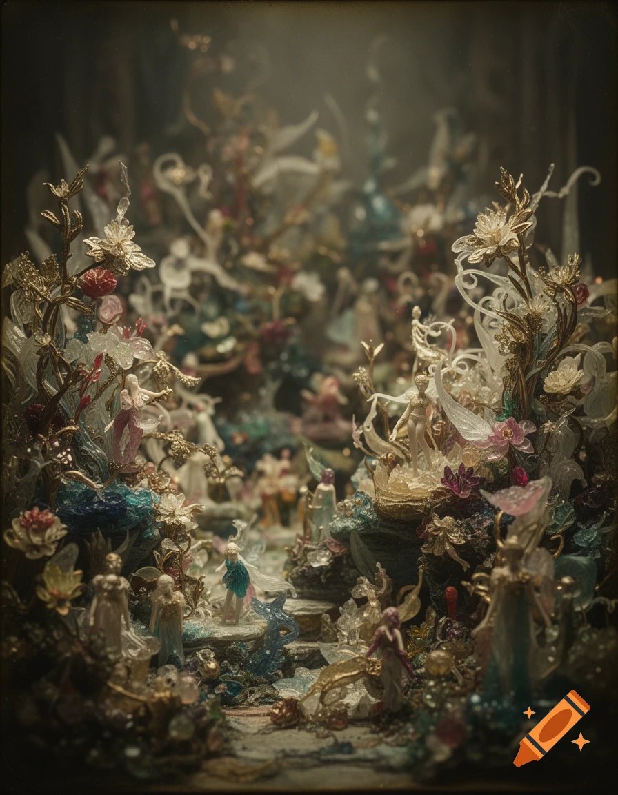 Intricate fantasy diorama of tiny translucent figures and crystalline flowers in a soft-focus, antique photography style.