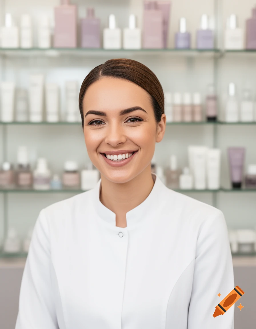 Smiling young woman in a white uniform, with blurred shelves of cosmetic products behind her. Photorealistic close-up.