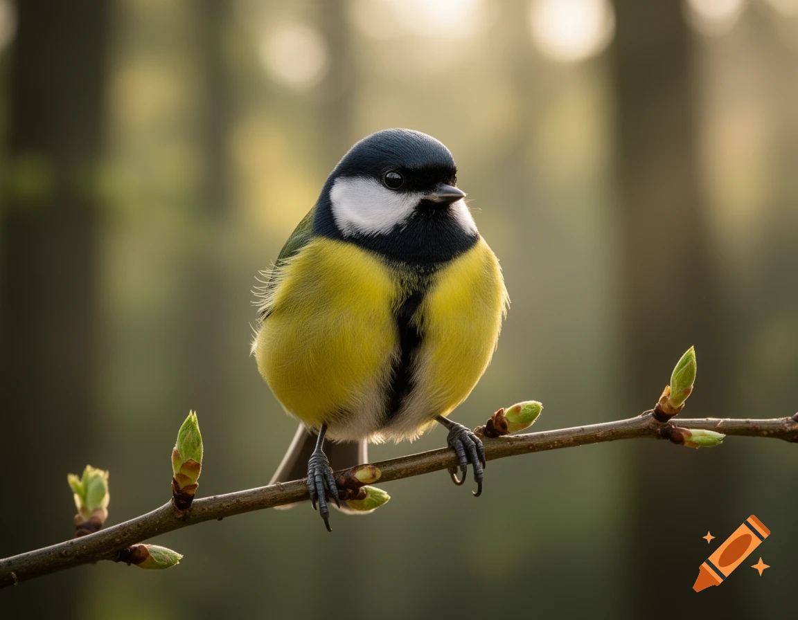 A photorealistic close-up of a great tit bird with yellow and black plumage perched on a branch with green buds, blurred forest background.