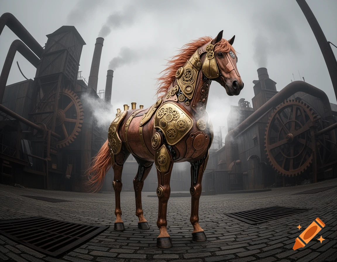 Realistic steampunk horse made of copper and brass gears stands in a smoky industrial factory under a cloudy sky.